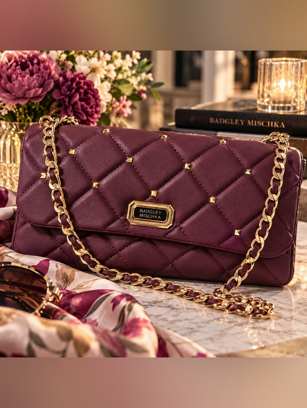 H-124 Badgley Mischka Quilted Burgundy Shoulder Bag Gold Chain Studded NWT